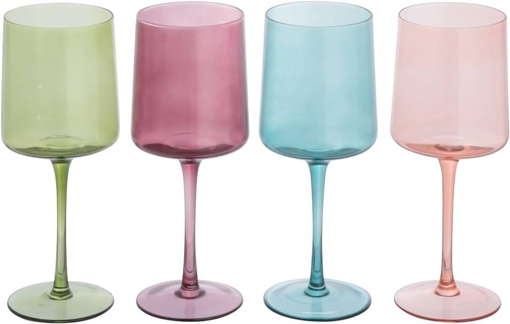 Creative Co-Op Hand Blown Stemmed Wine Glasses, 14 Ounces, 4 Assorted Colors Glassware, Multi | Amazon (US)