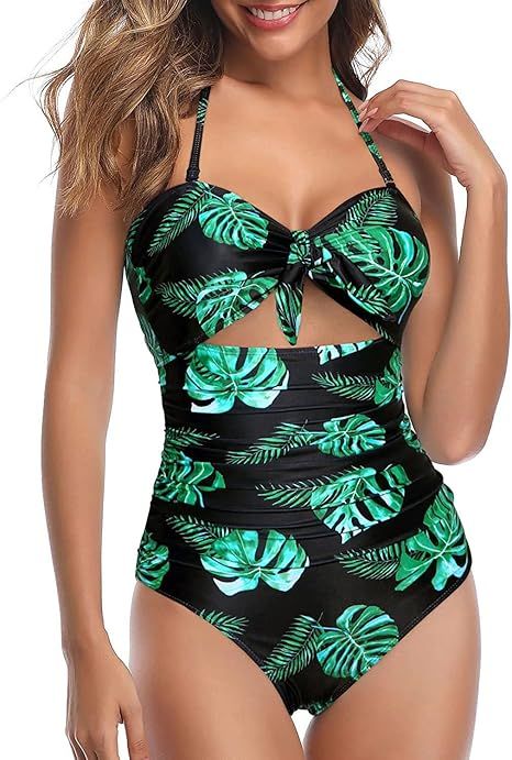 Tempt Me Women Sexy Cutout One Piece Swimsuits Tummy Control High Waisted Halter Front Tie Kn... | Amazon (US)