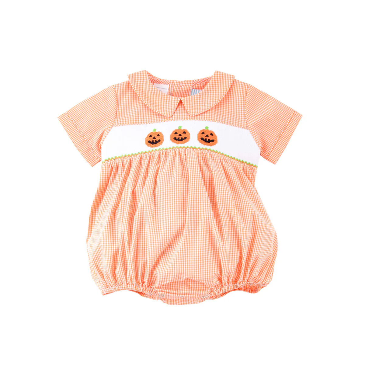 Smocked Jack O'Lantern Orange Gingham Collared Bubble | Classic Whimsy