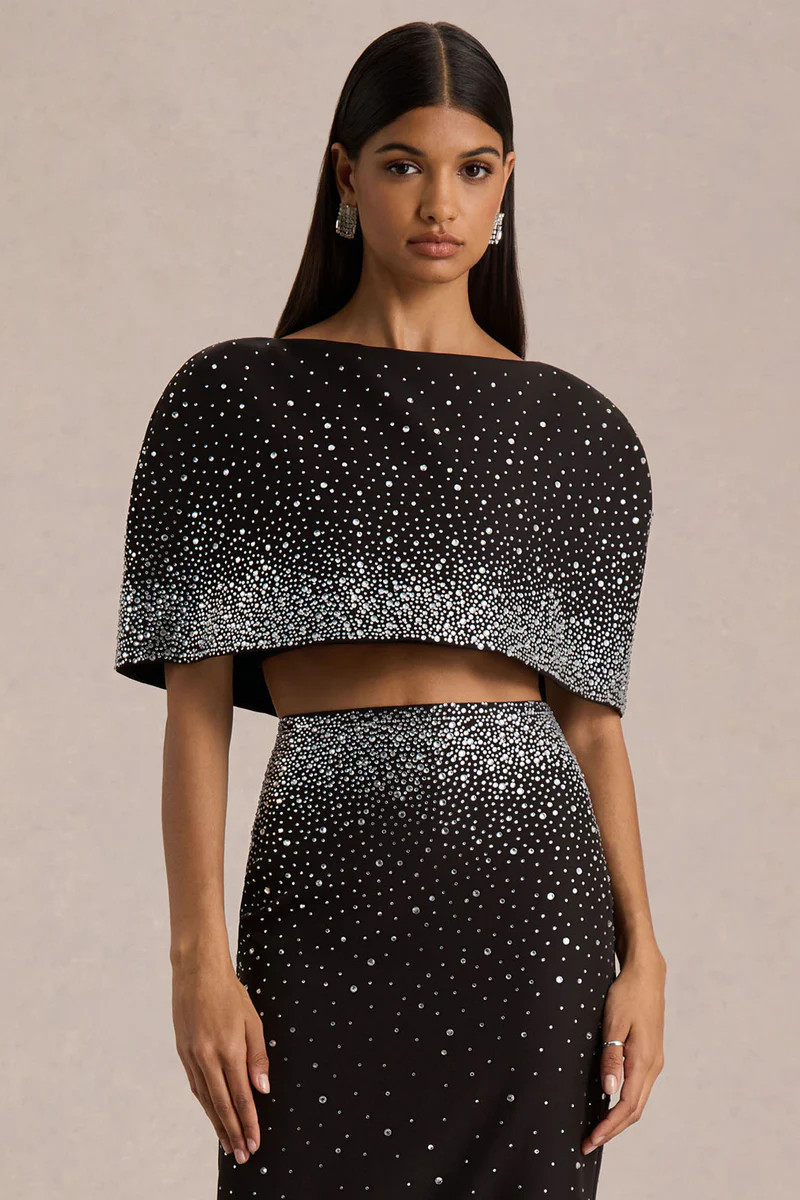 Luxy  Black Embellished Boat-Neck Crop-Top With Cape-Sleeves | Club L London