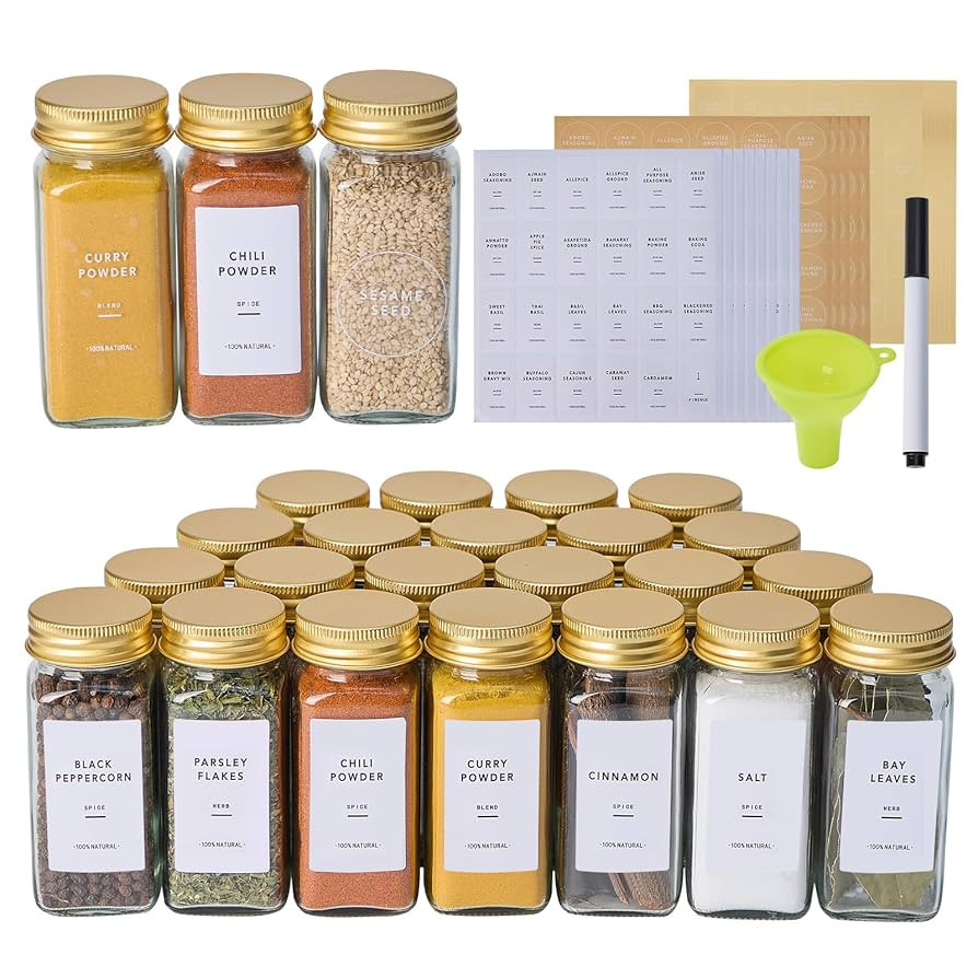 24 Pcs Glass Spice Jars with 576 Labels, 4oz Empty Square Spice Containers,Seasoning Bottles with... | Amazon (US)