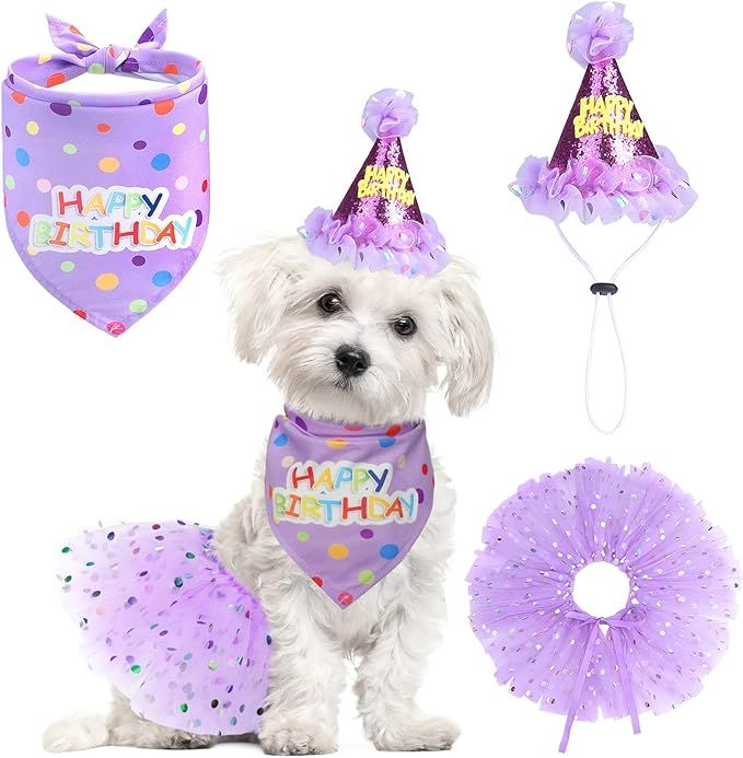 SCENEREAL Dog Birthday Bandana with Hat and Dress Girl Set, Puppy Birthday Party Supplies, Cute T... | Amazon (US)