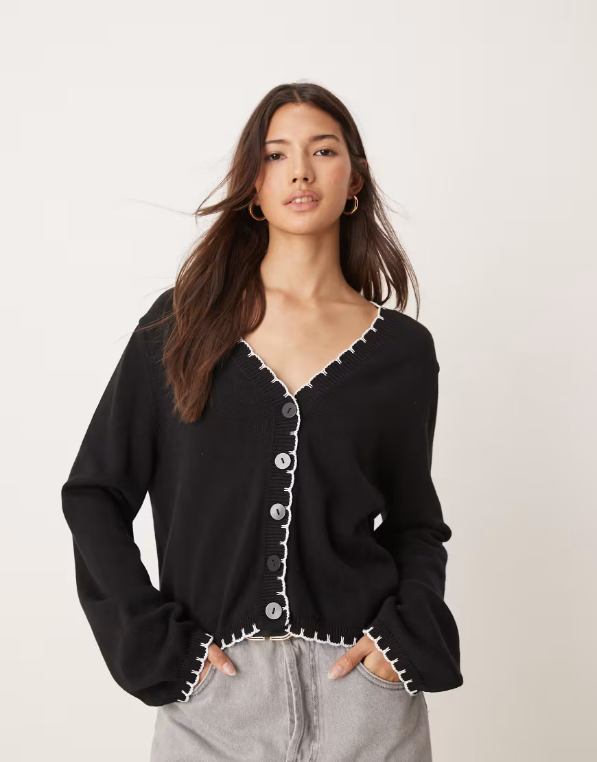 Miss Selfridge blanket stitch v neck cardigan-Black | ASOS (Global)