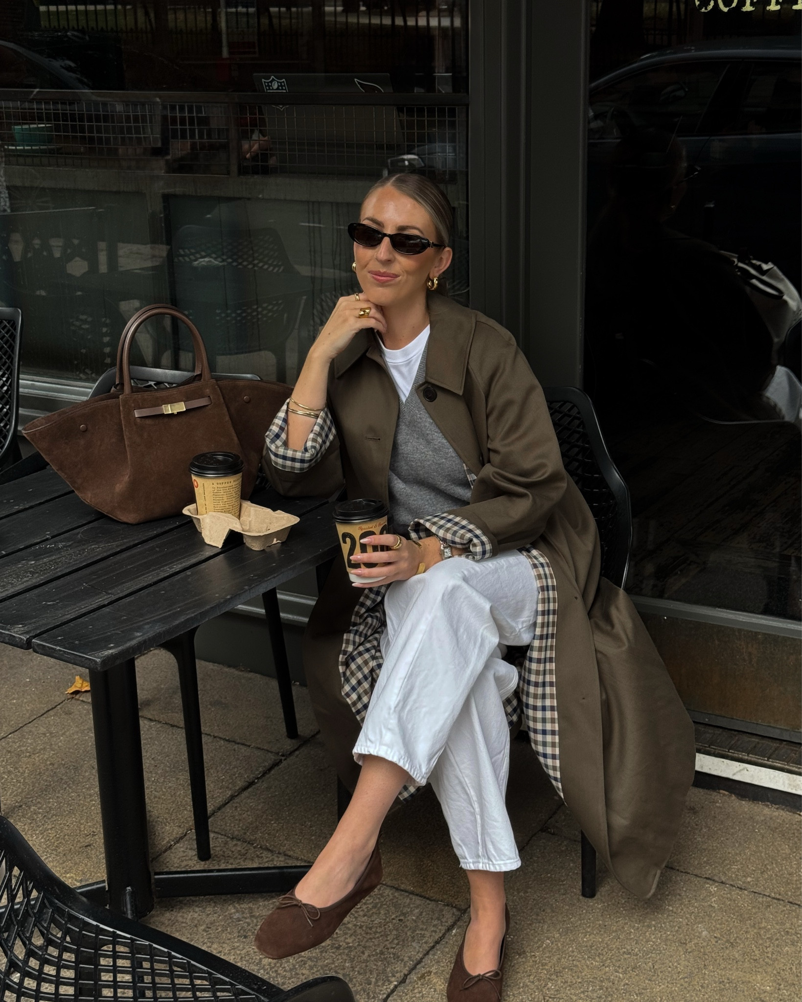 Khaki trench coat & white jeans outfit 🍂🤎☕️ 

Sezane Clyde trench, khaki jacket, barrel leg jeans, demellier suede bag, suede ballet flats, grey knit vest 

#LTKstyletip #LTKuk #LTKautumn
