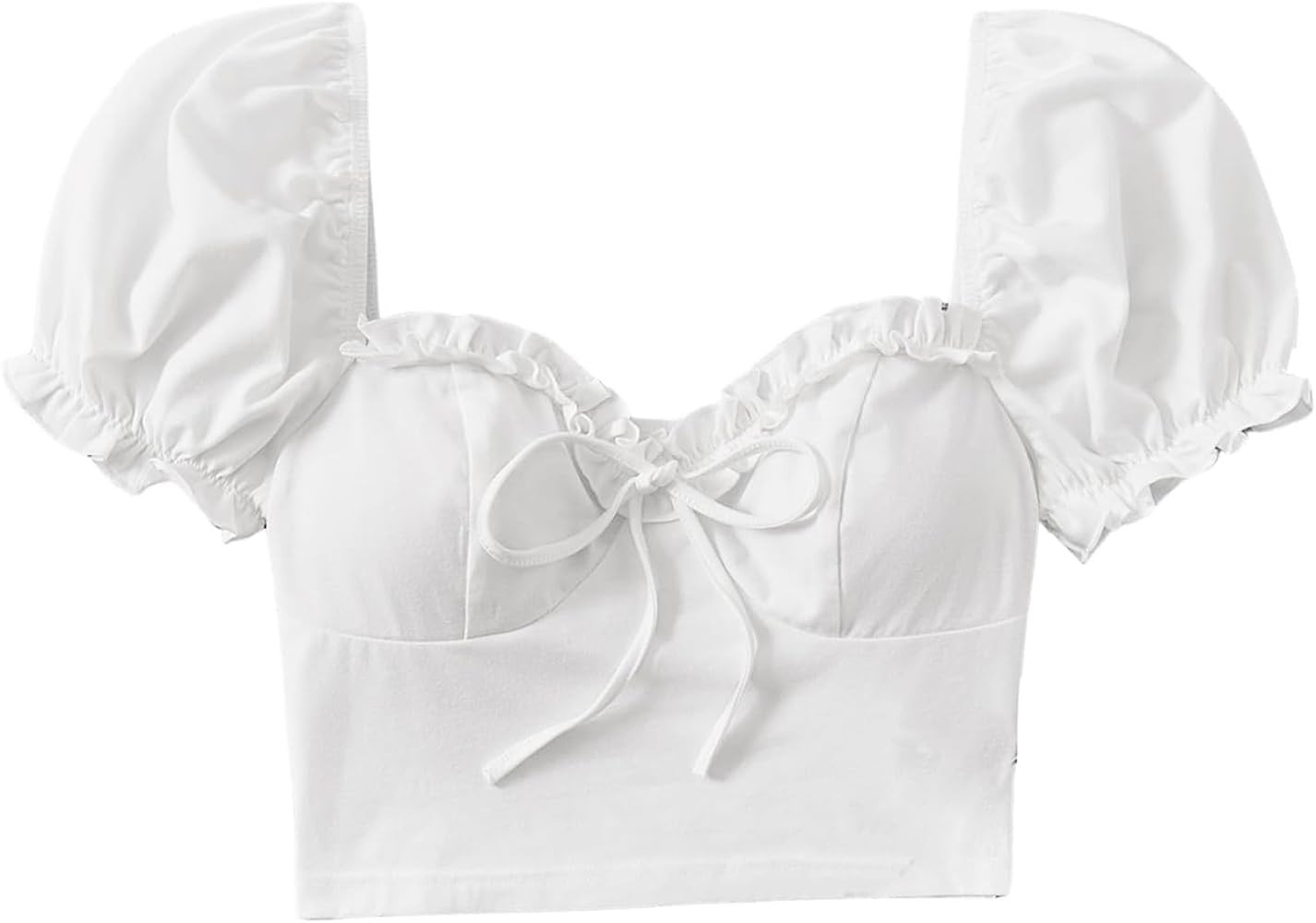 Verdusa Women's Frill Trim Sweetheart Neck Tie Front Short Puff Sleeve Crop Blouse Top | Amazon (US)