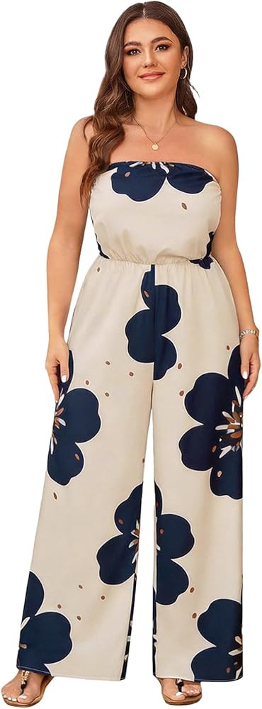 OYOANGLE Women's Plus Size Jumpsuit Floral Print Strapless Romper Summer Off Shoulder Vacation Ou... | Amazon (US)