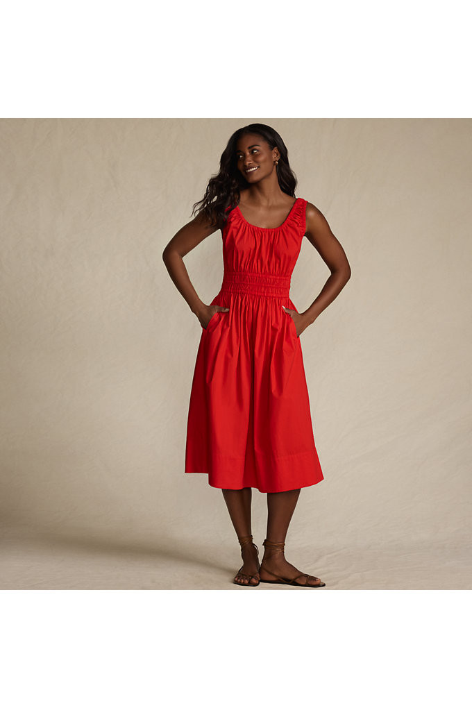 Women's Sleeveless Poplin Smocked Midi Dress - Lands' End - Red - S | Lands' End (US)