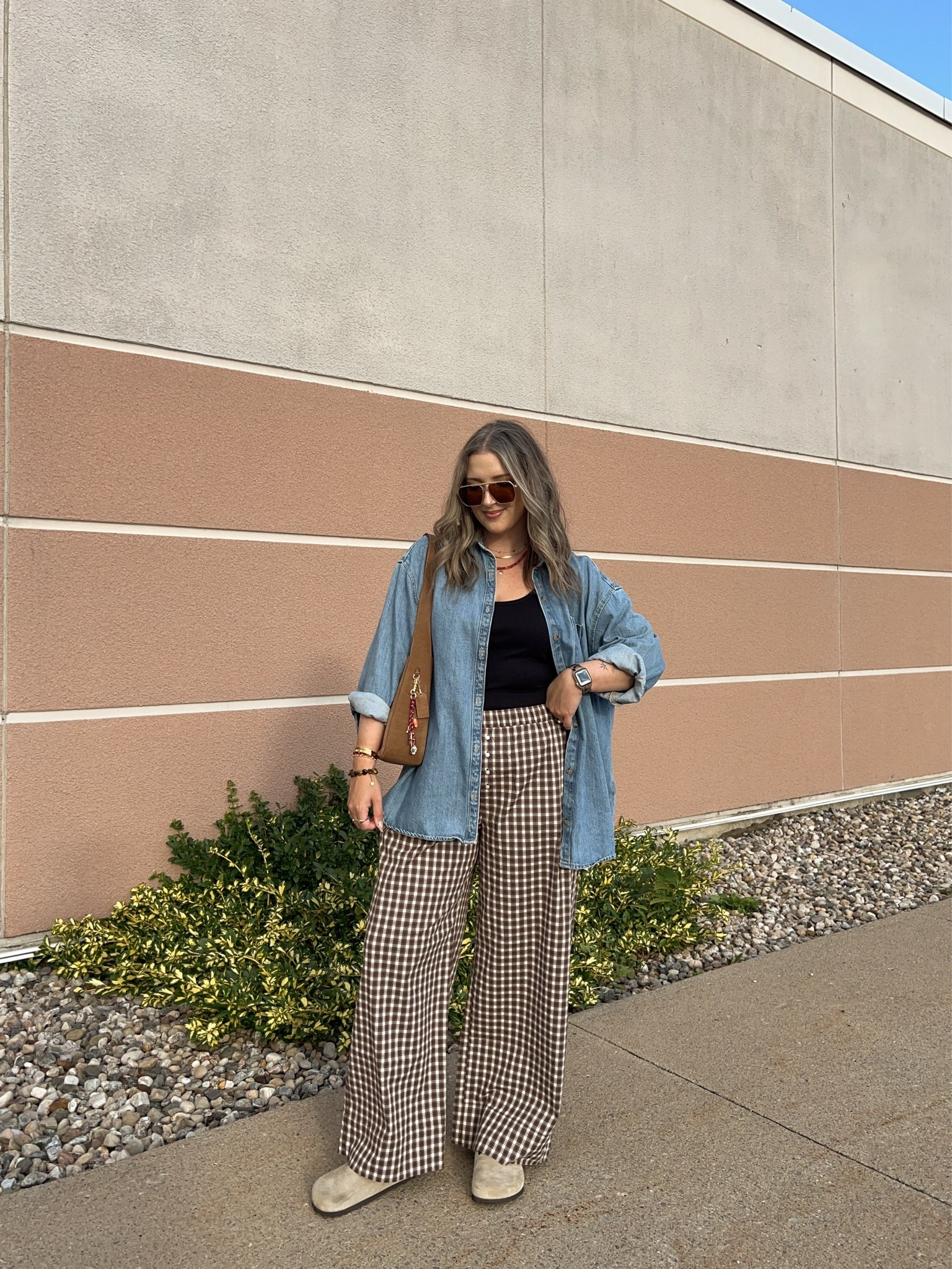 Early fall ootd! Plaid pants are so comfy & lightweight, wearing M. Wearing L in the basic black tank, should have done M. Also wearing L in the denim shirt - one of my most worn closet staples! Canadian Old Navy links are under “similar products”. I’m a 9.5-10 shoe and wear a 40 in the Birkenstock clogs

#LTKfall #LTKsale #LTKmidsize