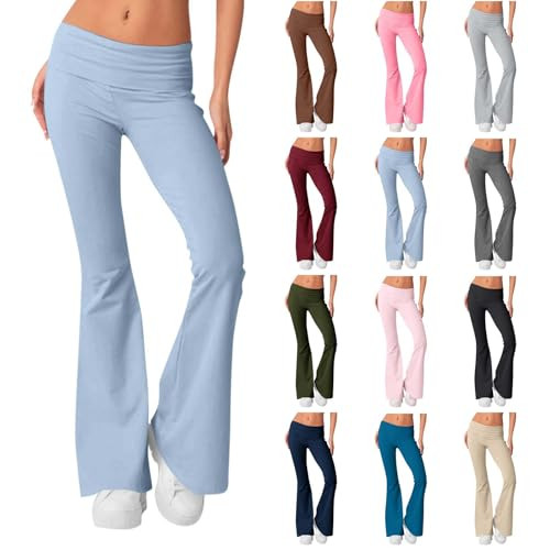 Flare Leggings for Women - Low Rise Fold Over Yoga Pants with Y2k Bootcut Style - Soft Cotton Bell Bottom Workout Leggings - Loose Fit - 100% Cotton | Amazon (US)