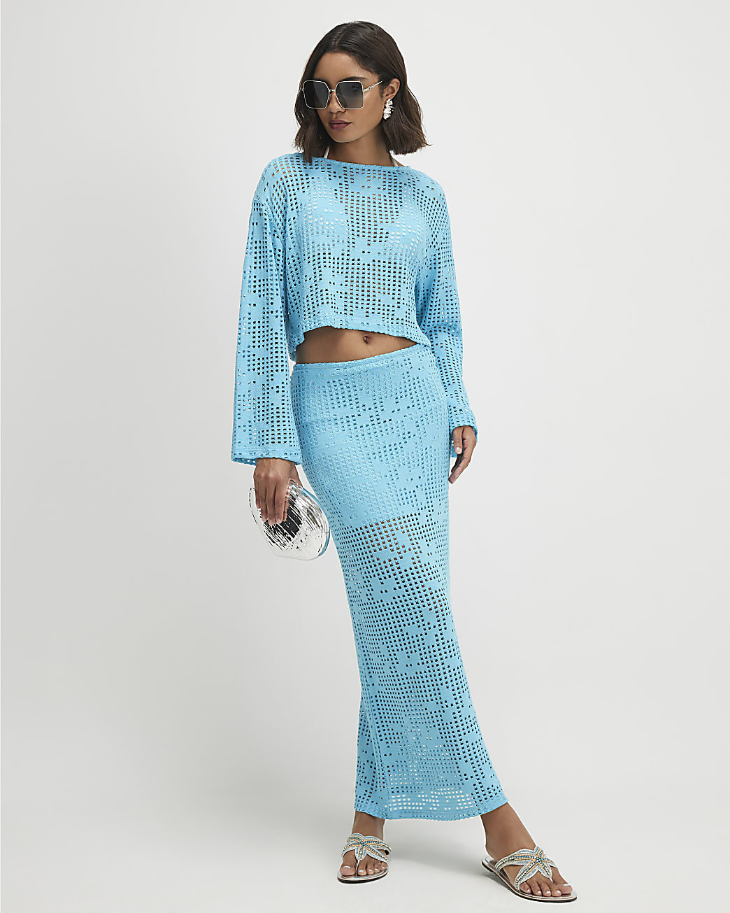 Blue Crochet Maxi Skirt | River Island UK & IE