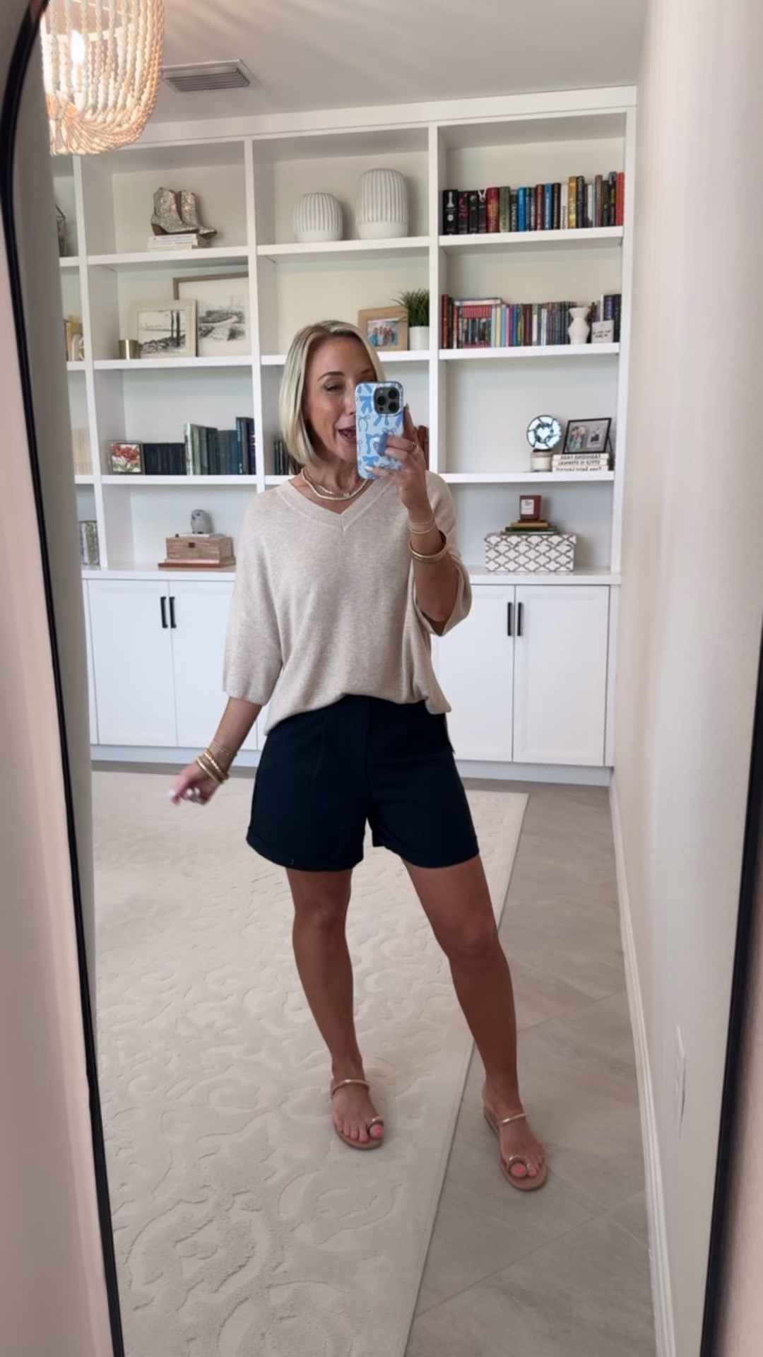 Chic Neutrals - trouser shorts and lightweight sweaters: Linen Blend Trouser Shorts - size XS (Navy). 6 colors. Elbow Sleeve Oversized Sweater - size Small. 4 colors. 

 