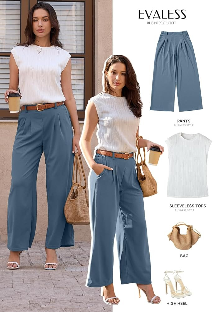 EVALESS Women's Wide Leg Pants Elastic High Waisted Waffle Knit Casual Palazzo Pants Trousers wit... | Amazon (US)