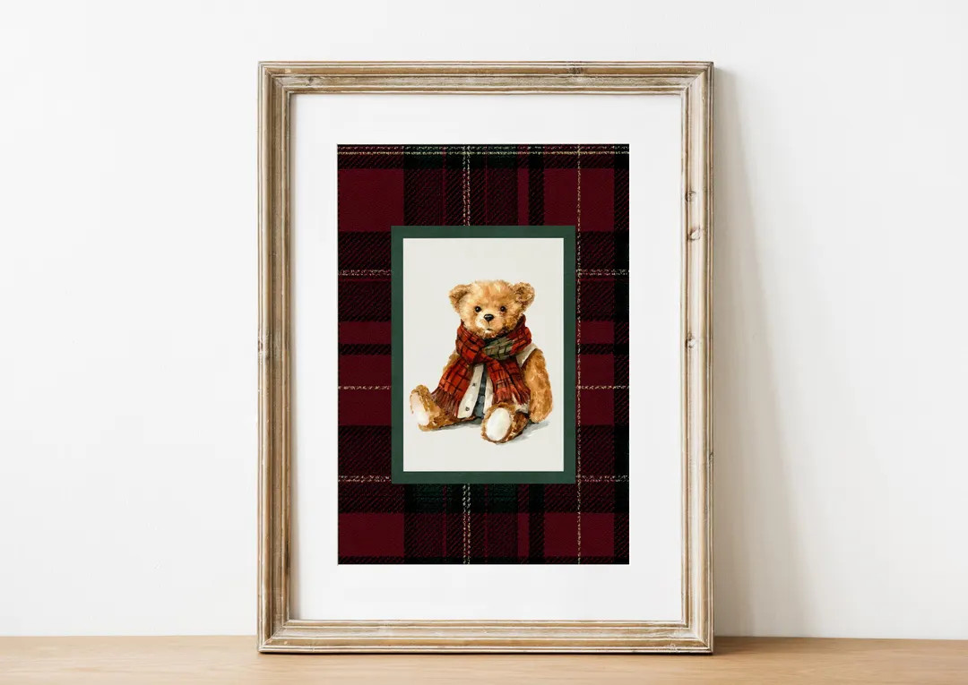 Christmas Teddy Bear Tartan Plaid Printable Wall Art Vintage Holiday Print Ralph Lauren Christmas... | Etsy (US)