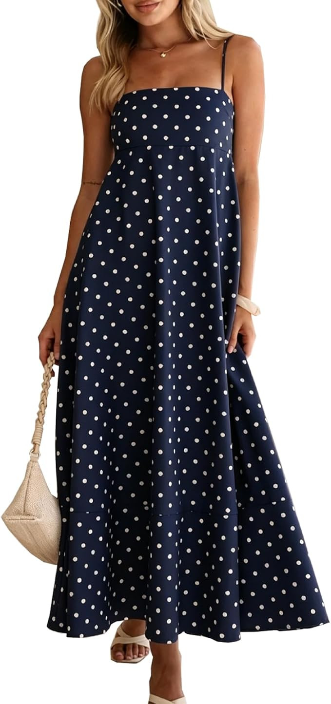Women's Summer Maxi Dresses Spaghetti Strap Polka Dot Striped Flowy Swing Beach Vacation Sundress | Amazon (US)