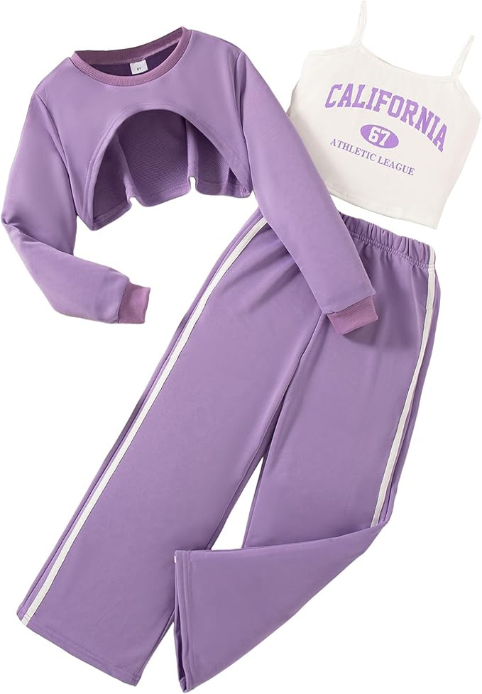 Girls 3 Piece Outfits Long Sleeve Crop Shirts & Cami Tops & Sweatpants Sets Fall Clothes Size 8-1... | Amazon (US)