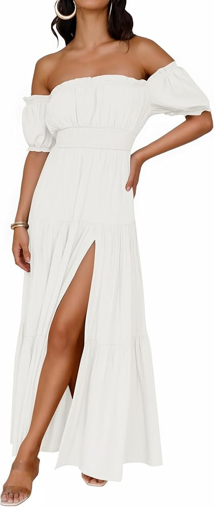 ZESICA Women's 2026 Boho Sexy Off Shoulder Short Sleeve Smocked Side Split Flowy A Line Tiered Lo... | Amazon (US)