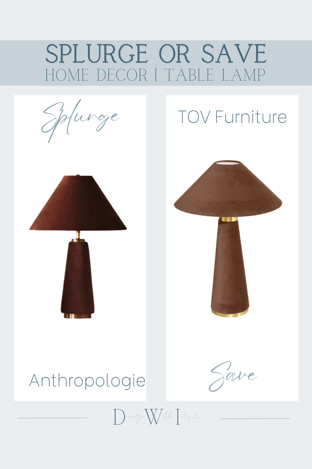 Splurge vs. Save: Two rich brown velvet table lamps with the same sculptural silhouette and brass base detail. Compare the Anthropologie design with this affordable TOV Furniture alternative. Tap to view both options.


table lamp, velvet lamp, Anthropologie dupe, TOV Furniture lamp, brown lamp, modern lighting, home decor lighting, splurge vs save, look for less decor, neutral home accents, lamp styling 

 #LTKHome