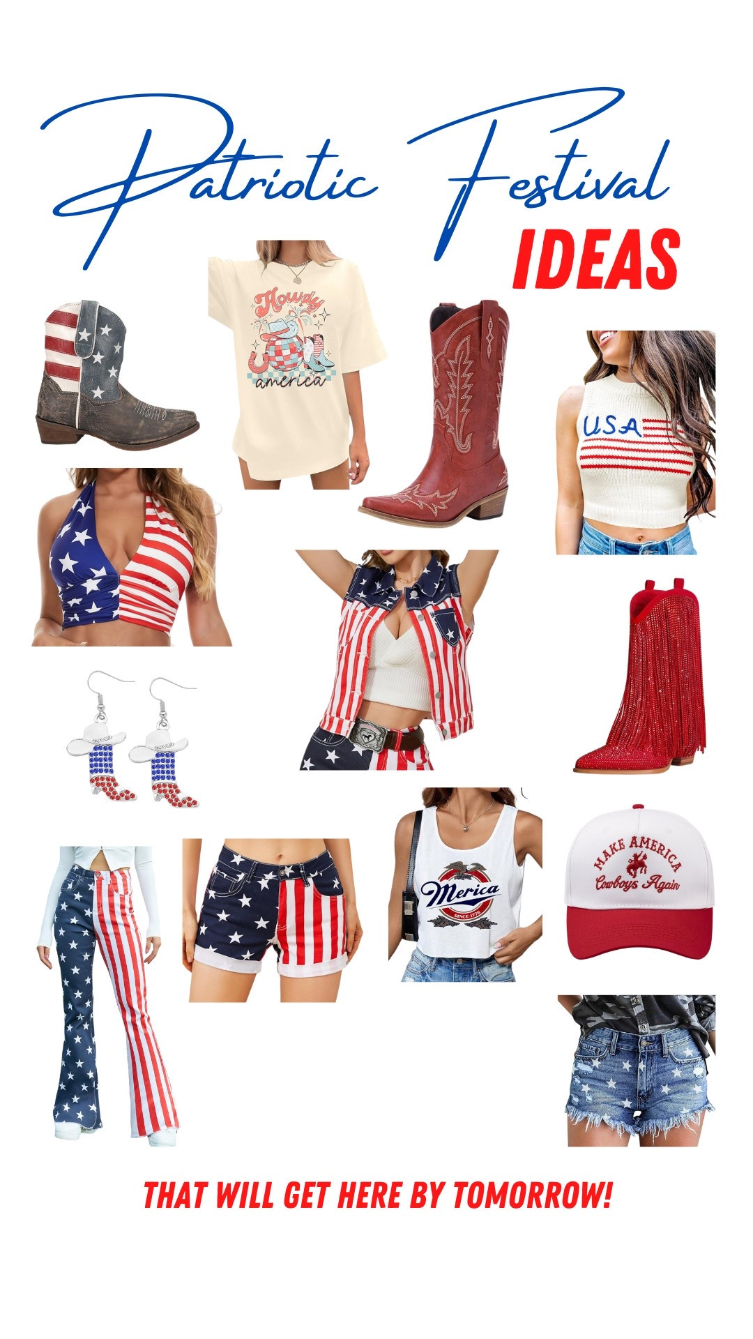 PATRIOTIC FESTIVAL OUTFIT ❤️ THAT WILL BE HERE BY TOMORROW!

Cowboy Boots for Women - Cowgirl Boots with Embroidery, Chunky Heel Pointed Toe Pull-on Vintage Western Mid Calf Fashion Boots for Ladies

Ouepiano Cowboy Boots for Women - Cowgirl Rhinestone Boots with Sparkly Fringe Pointed Toe Western Boot Chunky Heel Pull-On Wide Calf Botas Vaqueras

ROPER Womens American Beauty Distressed Round Toe Western Cowboy Boots Ankle Low Heel 1-2" - Brown

Flare Jeans for Women High Waisted Stretchy American Flag Bell Bottoms Denim Flare Pants

4th of July Gifts Jean Shorts Womens American Flag Jorts 4" Stretchy Denim Shorts

onlypuff Women's Ripped Mid Waisted Denim Shorts with Pockets

OeyFnbmO Women Vest Sleeveless Jean Jacket Denim Print Vest
Howdy American Western Shirt Red White Blue Graphic 4th of July Shirt Oversized Tee Tops

RechicGu Rhinestone Western Boots Earrings Cowgirl Cowboy Enamel Hat Bohemian Rodeo Boot Drop Dangle Earrings for Women

Baseball Hat, Adjustable One Size Fits Most

Tankaneo Womens American Flag Crop Tank Tops High Neck 4th of July Patriotic Summer Sleeveless Shirts Sweater Vest

Women Summer Going Out Halter Crop Tank Top

Women's Sexy American Flag Crop Tank 4th of July Patriotic Sleeveless Tee Tops