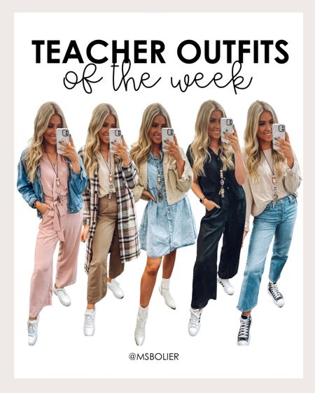 Teacher outfits of the week!
Jumpsuit: wearing M
Jean jacket: true to size 
Pants: true to size 
Shacket: true to size
Denim dress: wearing M
Black set: true to size 
Long sleeve tee: I sized up one to an L
Jeans: true to size
Boots: size up half 
Sneakers: true to size 