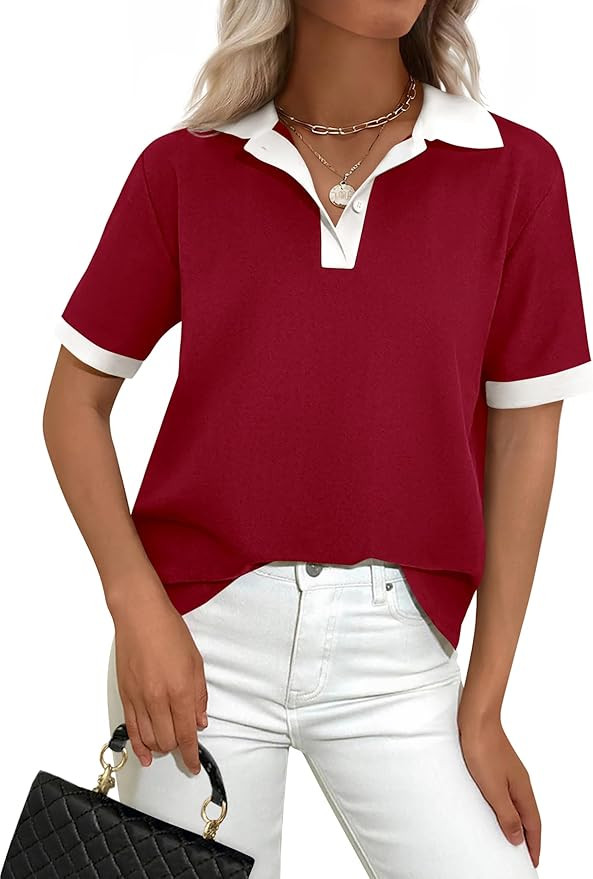 PRETTYGARDEN Summer Short Sleeve Polo Shirts for Women Collared V Neck Work Dressy Tops Knit Loos... | Amazon (US)