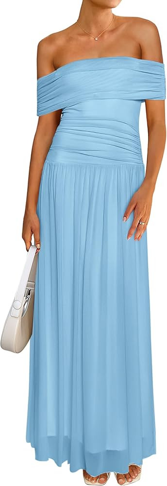 MASCOMODA Mesh Off The Shoulder Bodycon Sleeveless Ruched Maxi Dress for Women Wedding Guest Cock... | Amazon (US)