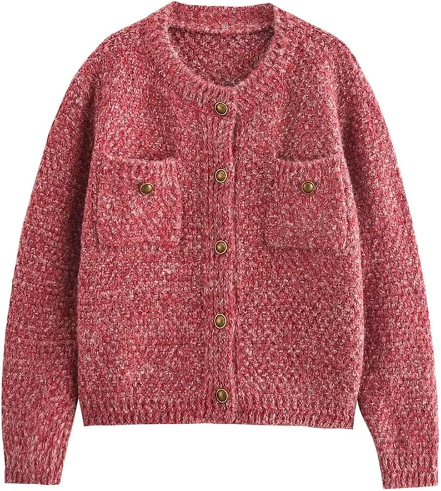 Women's Knitted Cardigan Long Sleeve Round Neck Loose Sweater Retro Versatile Top Jumper | Amazon (US)