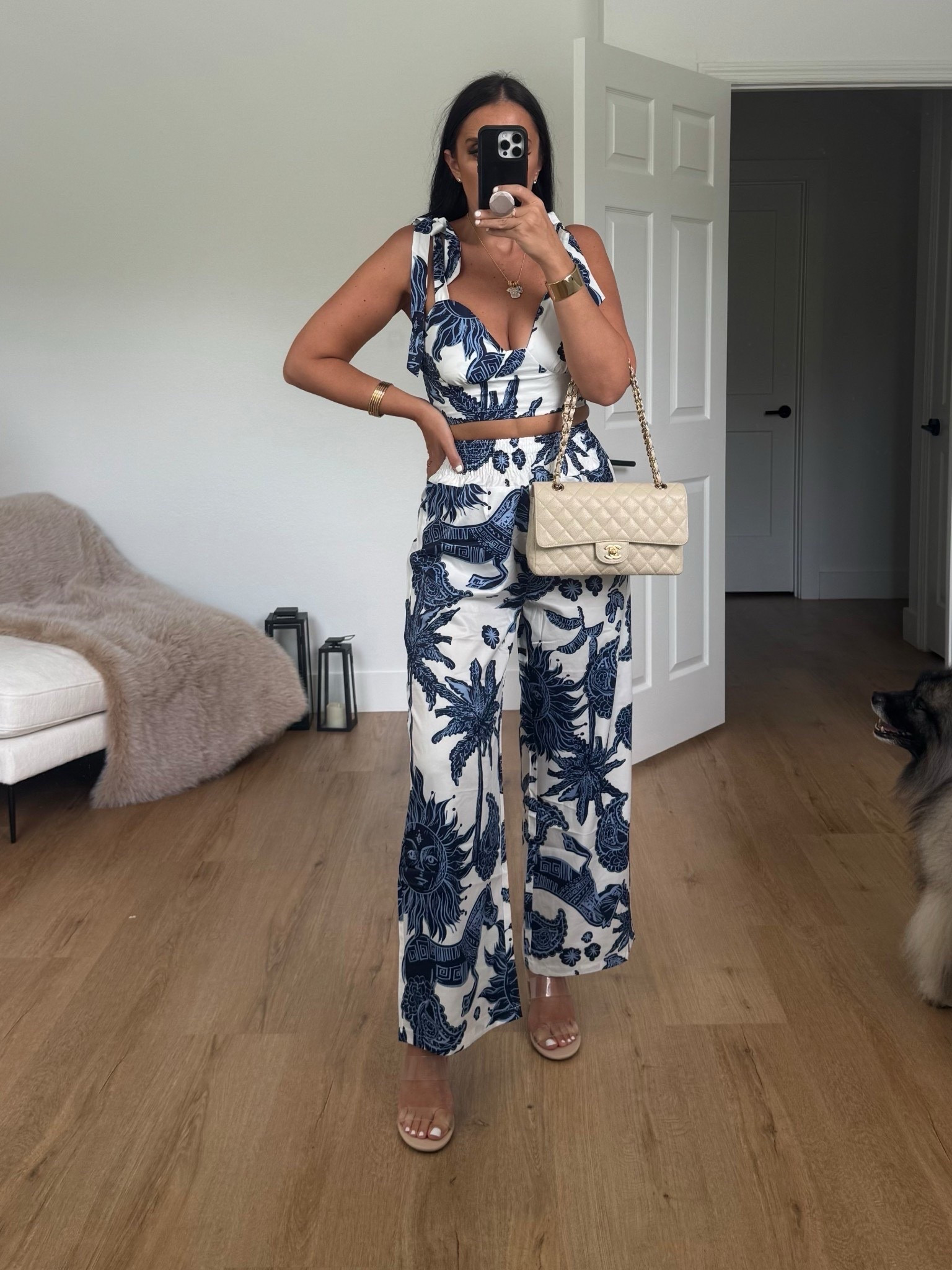 Amazon fashion find Women 2 Piece Outfits Print V-Neck Cami Crop Top and Smocked Wide Leg Pants Set Vacation Outfits wearing size small 