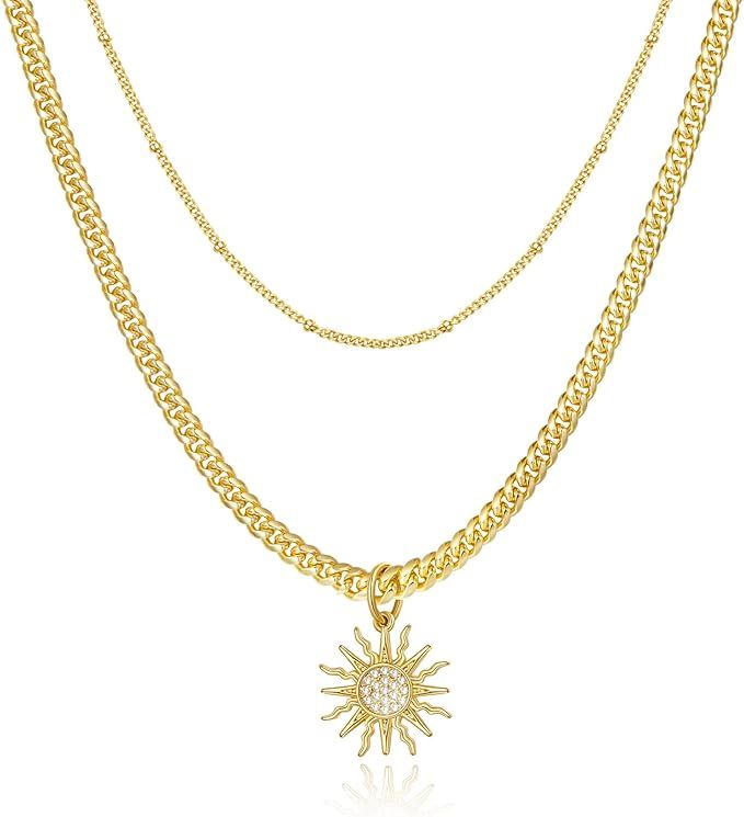 KissYan Gold Layered Necklace for Women, 14K Gold Plated Dainty Layering Cross Evil Eye Hamsa Han... | Amazon (US)
