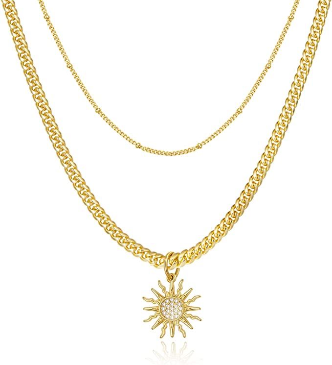 KissYan Gold Layered Necklace for Women, 14K Gold Plated Dainty Layering Cross Evil Eye Hamsa Han... | Amazon (US)