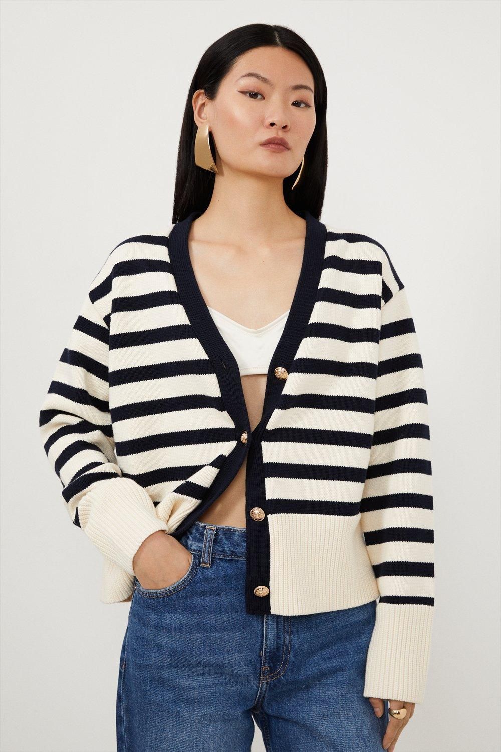 Cotton V Neck Knit Boxy Striped Cardigan | Karen Millen US