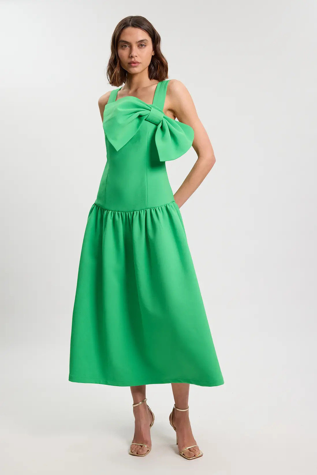 Bow Detail Drop Waist Midi Dress | Karen Millen