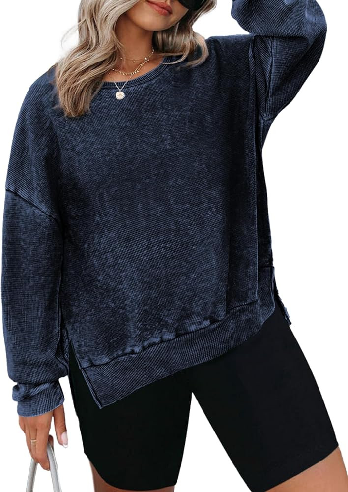 Eytino Womens Plus Size Sweatshirts Crewneck Waffle Knit Long Sleeve Side Slit Casual Pullover Sw... | Amazon (US)
