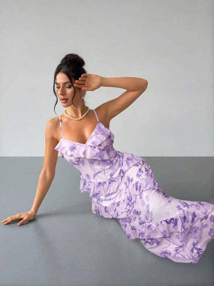 Firerie Vestido con tirantes con volantes y estampado floral para mujer, vestido irregular con vo... | SHEIN