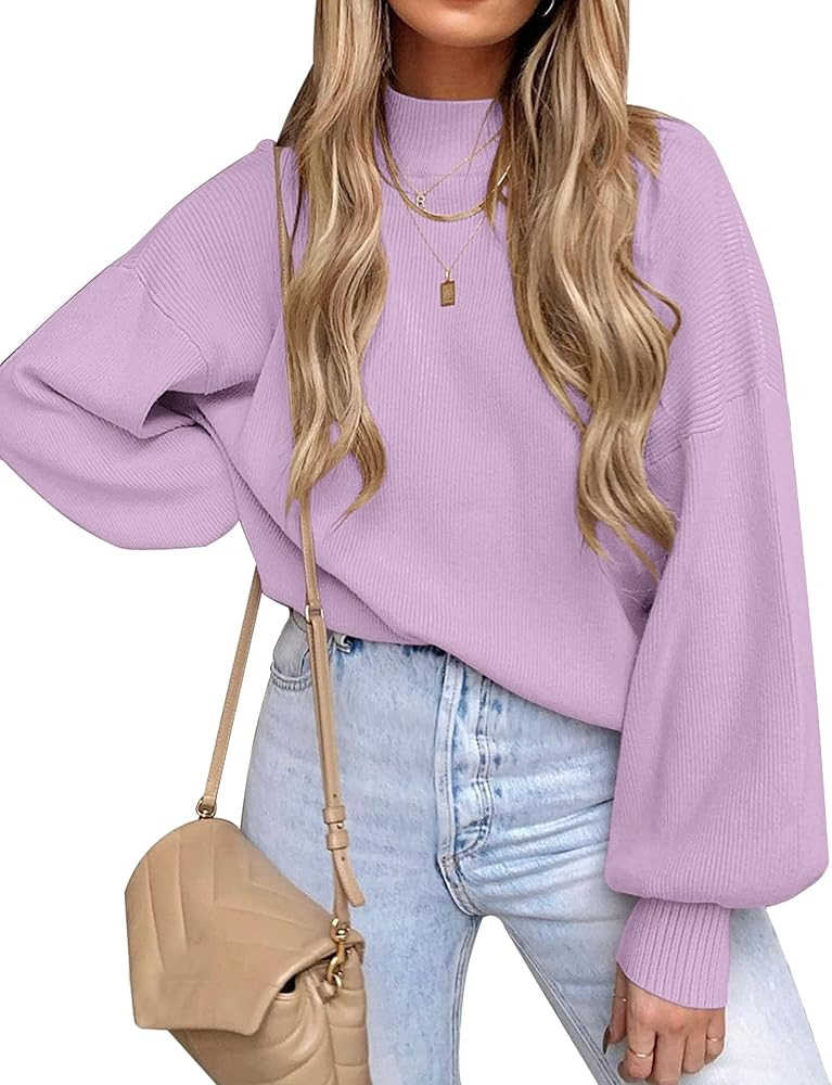 ZESICA Women's Casual Turtleneck Long Lantern Sleeve Oversized Ribbed Knit Pullover Sweater Jumpe... | Amazon (US)