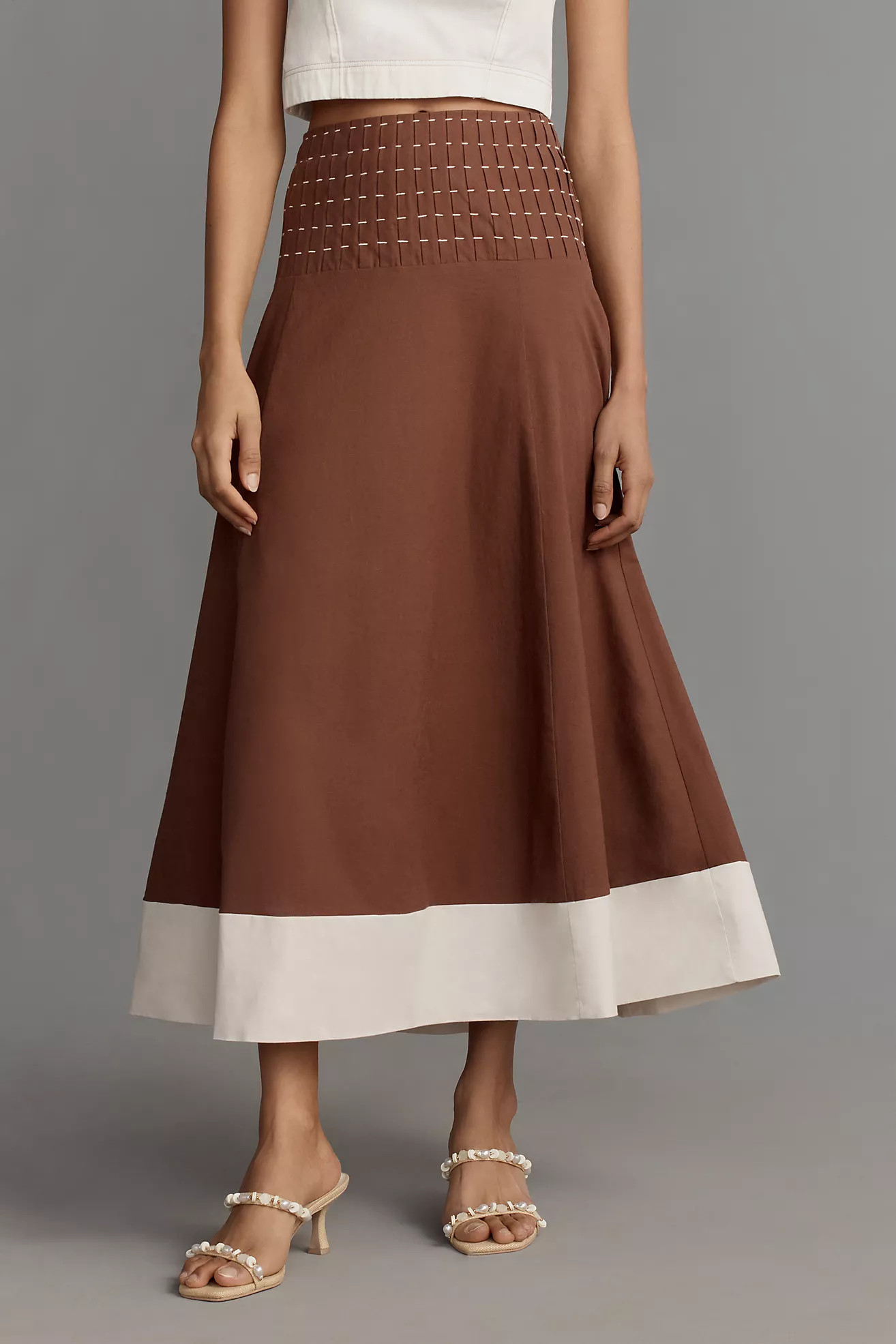 By Anthropologie Linen Blend Smocked-Waist Colorblock Midi Skirt | Anthropologie (US)