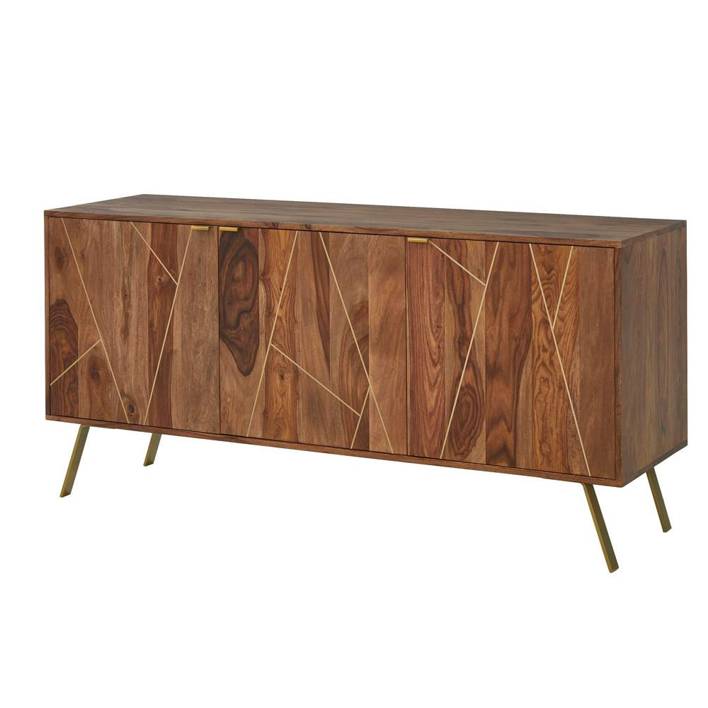 Home Decorators Collection Dark Natural Finish Buffet Table with Gold Metal Inlay (63 in. W x 29.... | The Home Depot