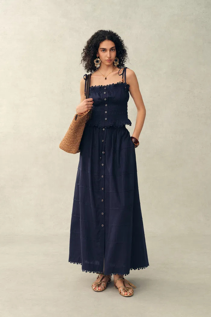 Siena Smocked Tie Front Bandeau Top and Maxi Skirt Set in Linen Blend- | Fabrique