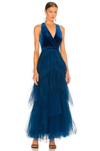 BCBGMAXAZRIA Tiered Gown in Poseidon from Revolve.com | Revolve Clothing (Global)