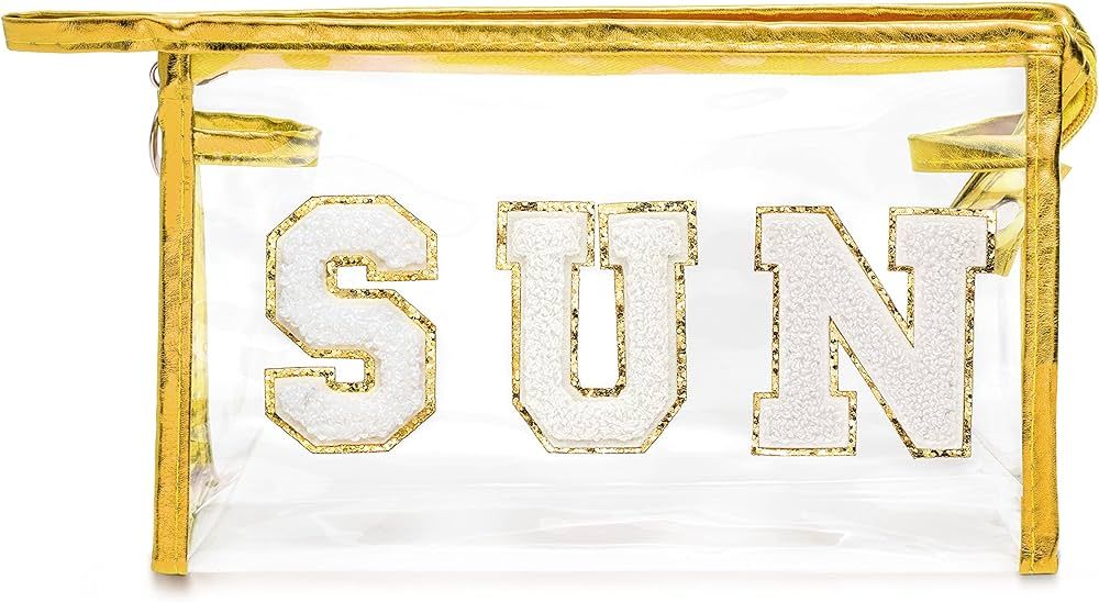 Y1tvei Gold SUN Preppy Patch Varsity Letter Cosmetic Toiletry Bag Transparent PVC Zipper Swimming... | Amazon (US)