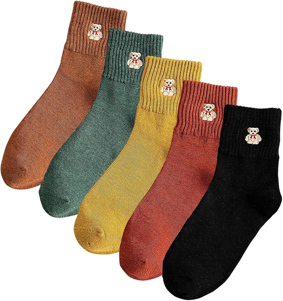 5 Pairs Women Socks Cute Cartoon Animal Ankle Embroidery Bear Casual for Women Socks | Amazon (US)