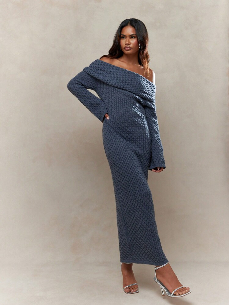 MISSGUIDED Textured Knit Ruched Off-Shoulder Long Sleeves Bodycon Maxi Sweater Dress | SHEIN