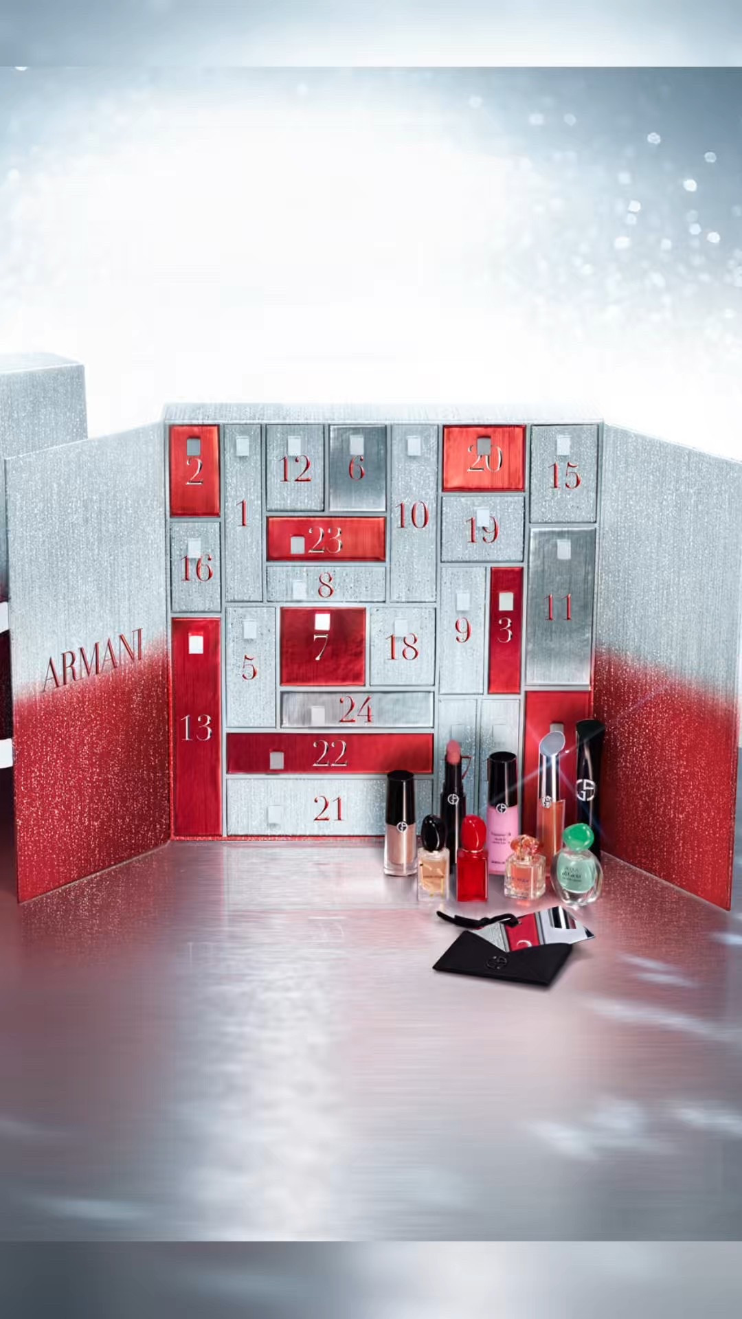 Holiday Beauty Advent Calendar 
Armani
24-PIECE GIFT SET 
Set Includes: 
• Full-Size Vertigo Lift Mascara in Black
• Full-Size Eye Tint Long-Lasting Liquid Eyeshadow in Shades 22M and 67S
• Full-Size Luminous Silk Acqua Highlighter in Shade 1 
• Full-Size Prisma Glass Lip Gloss in Shades 1 and 3
• Full-Size Lip Power Lipstick in Shade 109 
• Full-Size Smooth Silk Eye Pencil in Shade 4 
• Full-Size Cheek Tint Liquid Blush in Shade 42S 
• Mini Lip Power Long Lasting Lipstick in Shades 104 and 400 
• Mini Lip Power Long Lasting Matte Lipstick in Shade 400 
• Mini Eye Tint Long-Lasting Liquid Eyeshadow in Shades 11 and 44 
• Mini Vertigo Lift Mascara in Black
• Mini Crema Nera Lifting and Firming Meta Eye Treatment - 5ml 
• Mini Luminous Silk Hydrating Primer - 5ml
• Mini Sì Eau de Parfum - 7ml
• Mini Sì Passione Intense - 7ml
• Mini Sì Red Musk - 7ml 
• Mini My Way Eau de Parfum - 7ml
• Mini My Way Ylang - 7ml 
• Mini Acqua Di Gioia Eau de Parfum - 5ml 
• Mirror




#LTKBeauty #LTKHoliday #LTKGiftGuide