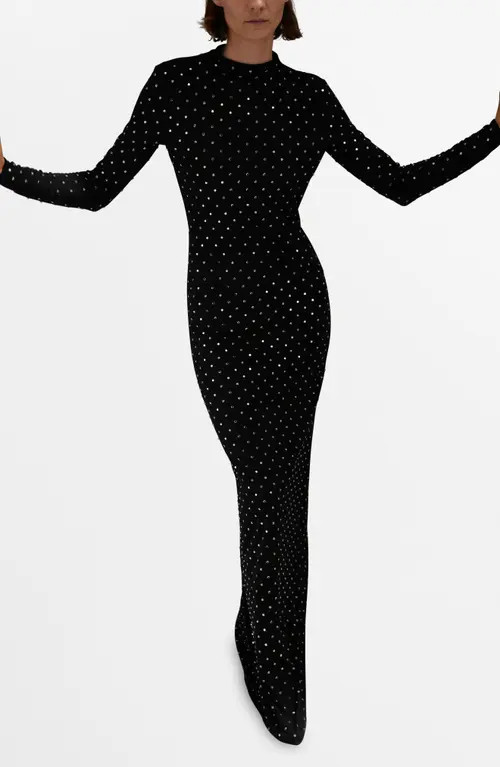 MANGO Selection Crystal Embellished Long Sleeve Maxi Dress in Black at Nordstrom, Size 6 | Nordstrom