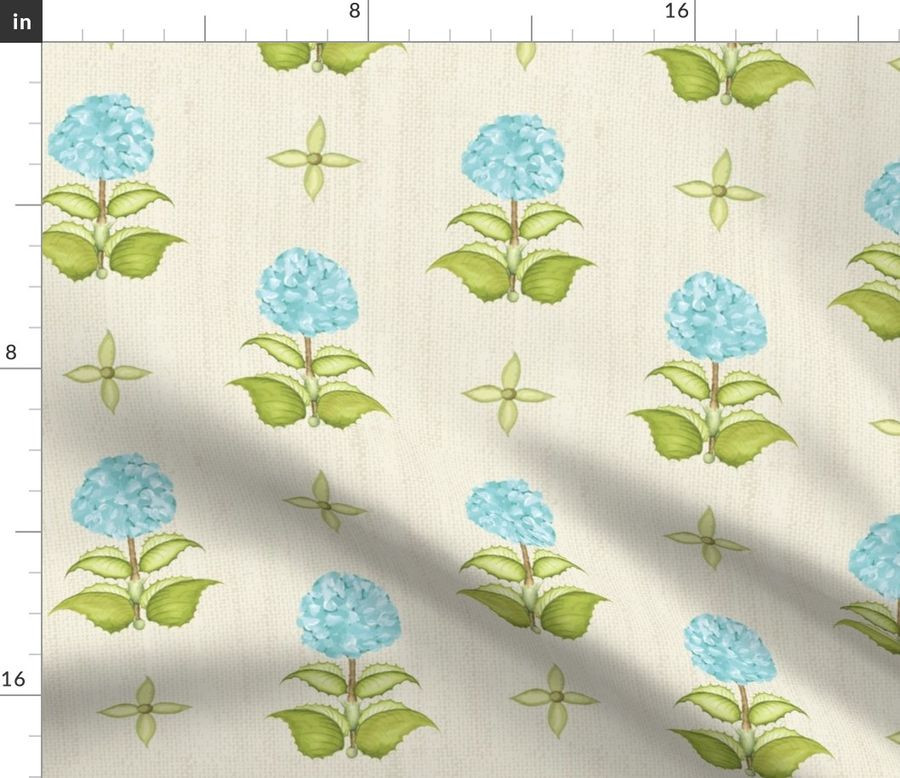 Hamptons Hydrangeas in Sky Blue Blue Block Print (Faux Grasscloth) | Spoonflower