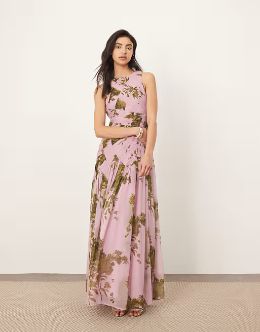 ARRANGE chiffon ruched panel dropped waist volume maxi dress in chartreuse lilac print | ASOS | ASOS (Global)