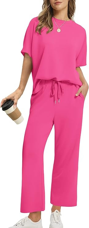SAMPEEL Two Piece Sets for Women Summer Outfits Oversized Wide Leg Crop Pants Lounge Sets Airport... | Amazon (US)