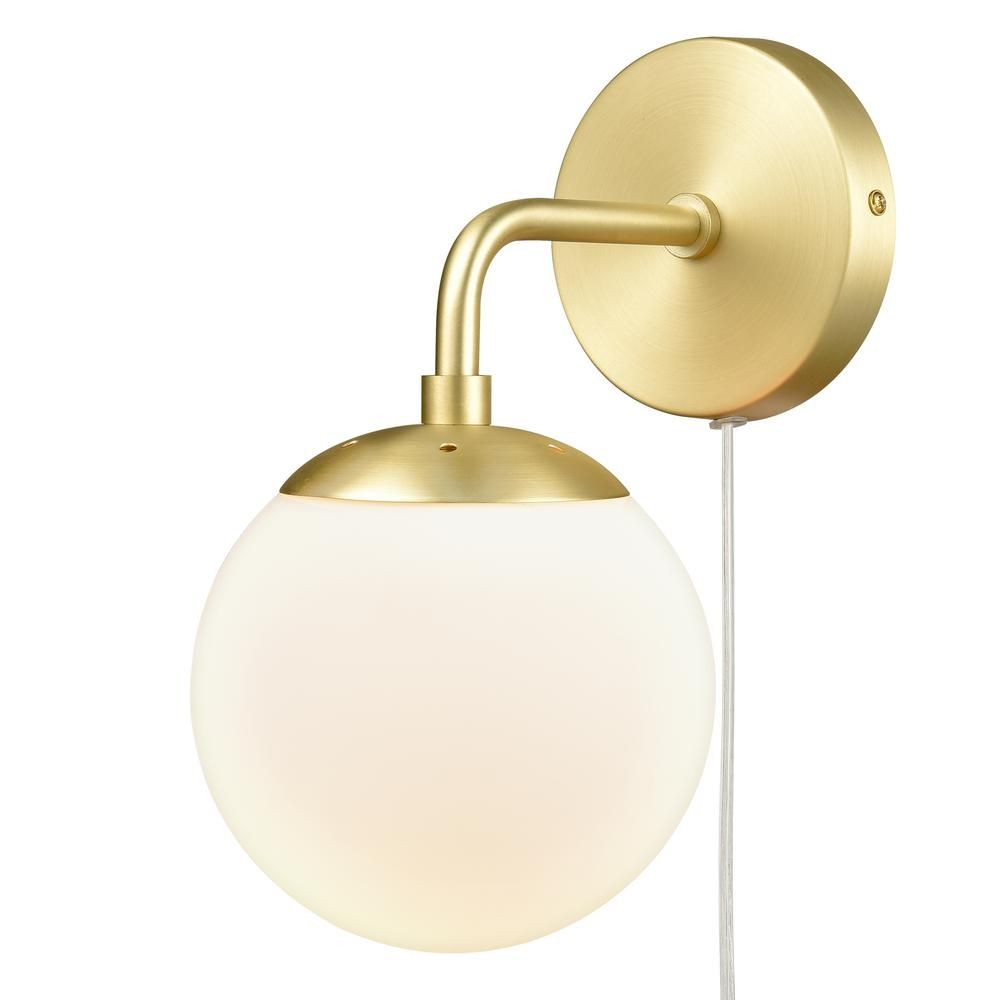 Light Society Greta 4.75 in. Brushed Brass/White Globe Plug-In Wall Sconce with Glass Shade | The Home Depot