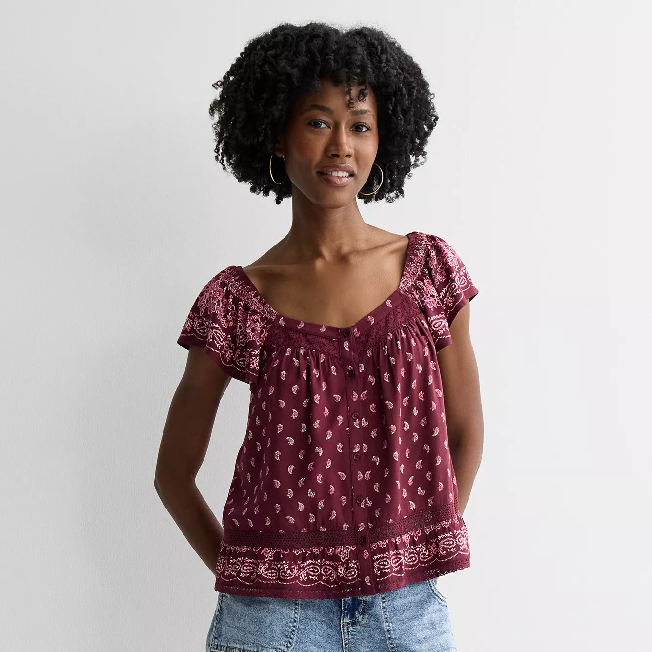 Juniors' Pink Republic Woven Button Front Top | Kohl's