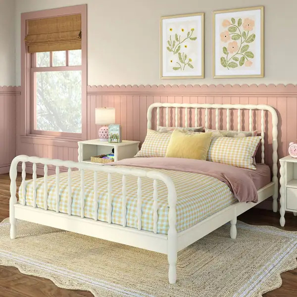 Max & Lily Jenny Queen Spindle Platform Bed - Linen White | Bed Bath & Beyond