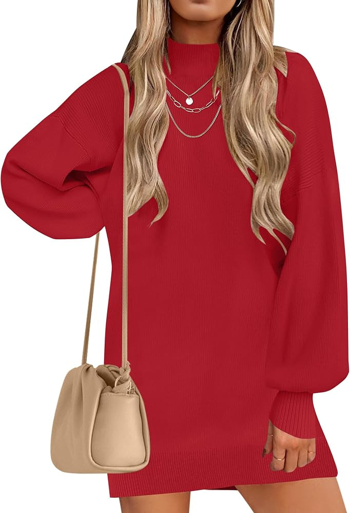 ZESICA Women's 2023 Fall Turtleneck Sweaters Dress Oversized Long Lantern Sleeve Casual Knit Pull... | Amazon (US)